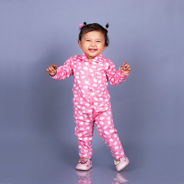 Full Sleeves Baby Elephant Printed Night Suit  for Baby/Kids - Pink 12-18 Months